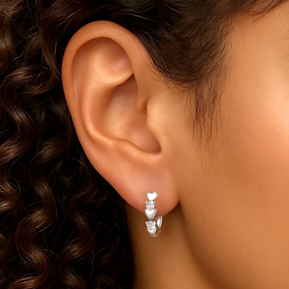 Minimalist Hoop Heart Earrings S925 Sterling Silver Dainty Zirconia Gift